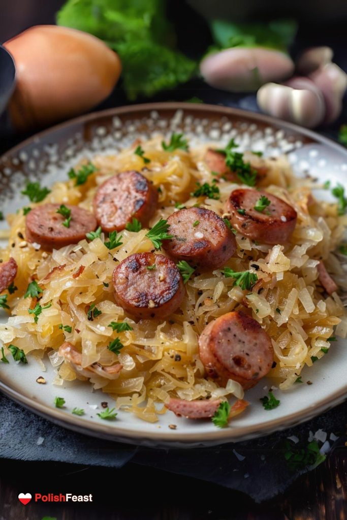 Kielbasa And Sauerkraut served on a big plate, sprinkled with fresh parsley.