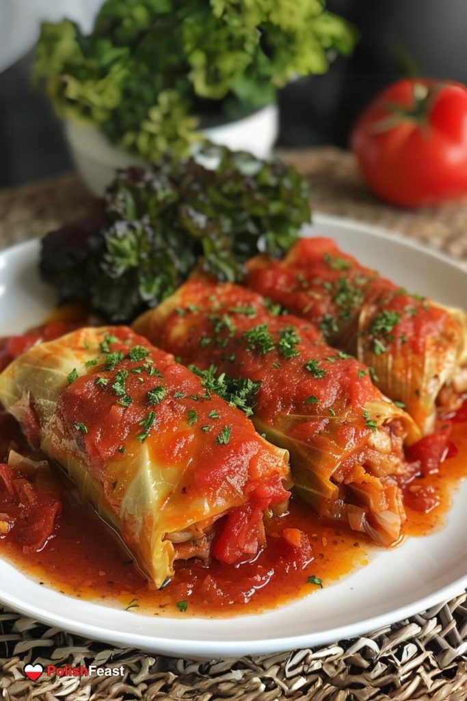 Polish Golabki Stuffed Cabbage Rolls With tomato sauce, sprinkled with fresh parsley.