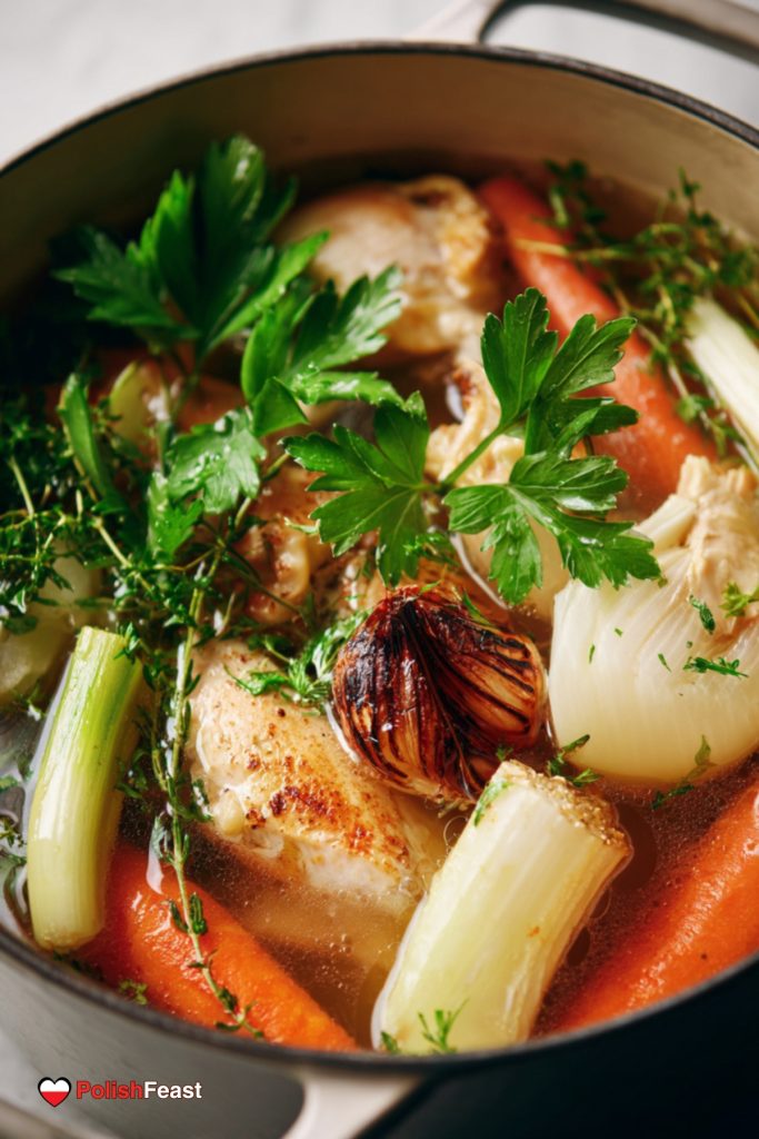 Boiling Rosół in a large pot with chicken and vegetables.