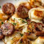 Pierogi and Kielbasa on a plate.