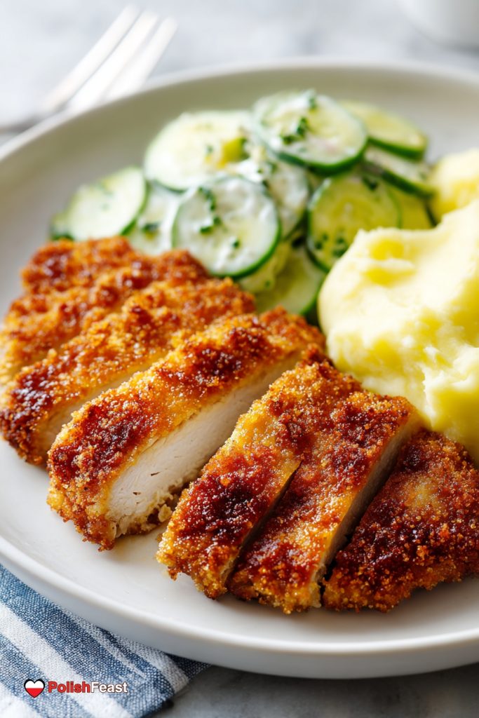 Польська панірована свиняча відбивна, подається з картопляним пюре та вершковим салатом з огірків.