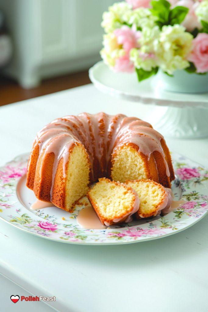 Polish Easter Babka Cake, cut into slices and placed on a decorative plate.