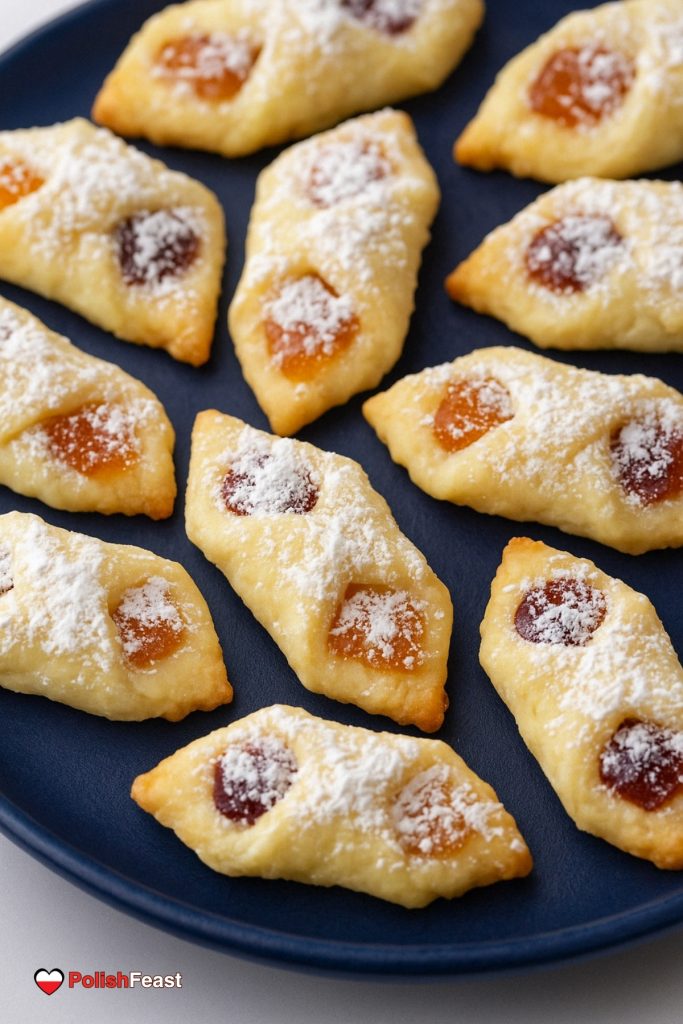 Polish Kolaczki (Jam filled cookies), served on a plate.