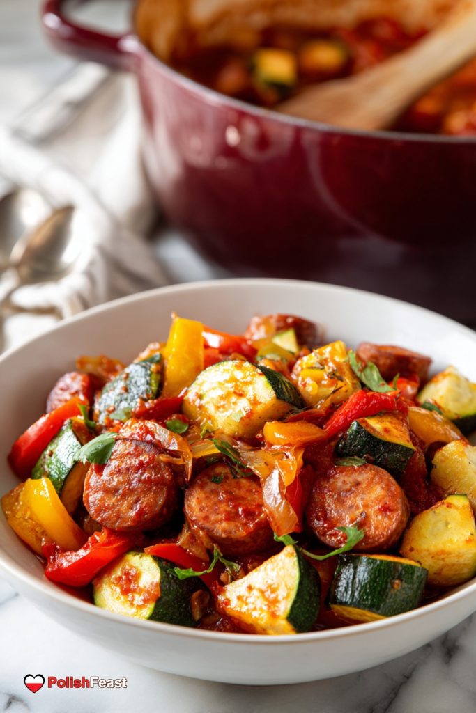 Polish leczo recipe with smoked kielbasa, zucchini, red and yellow bell peppers, onions, and tomato sauce in a white bowl.