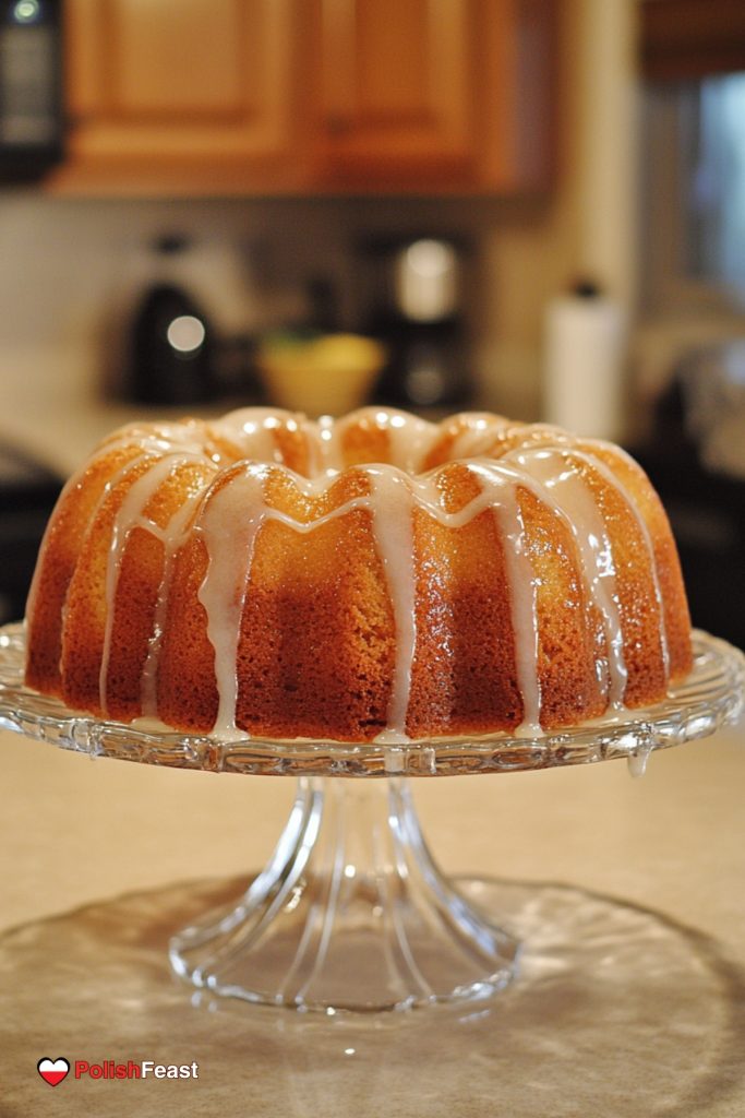 Polish Vanilla Babka, placed on a large glass platter.