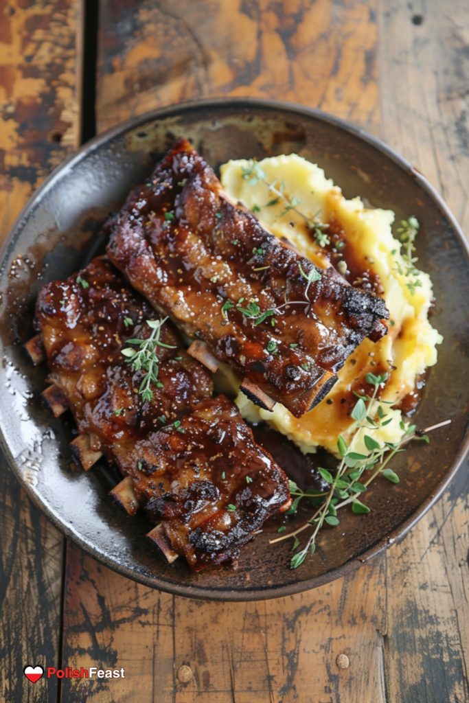 Polish pork ribs - Żeberka Recipe, served on a plate with mashed potatoes.