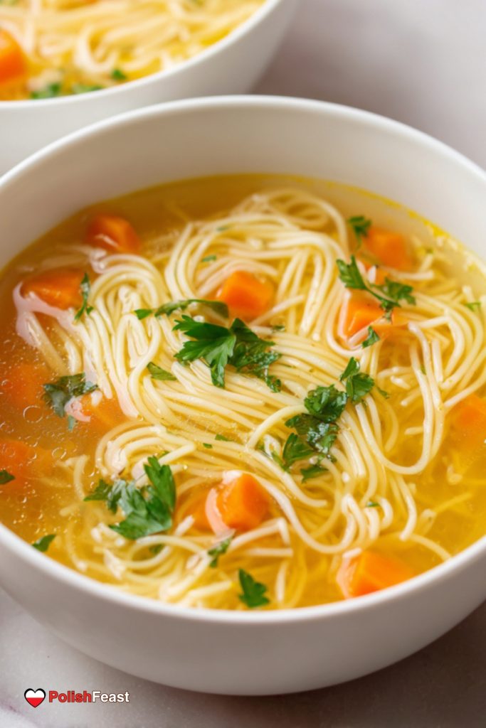 Polish Rosół, served in a bowl with angel hair pasta.