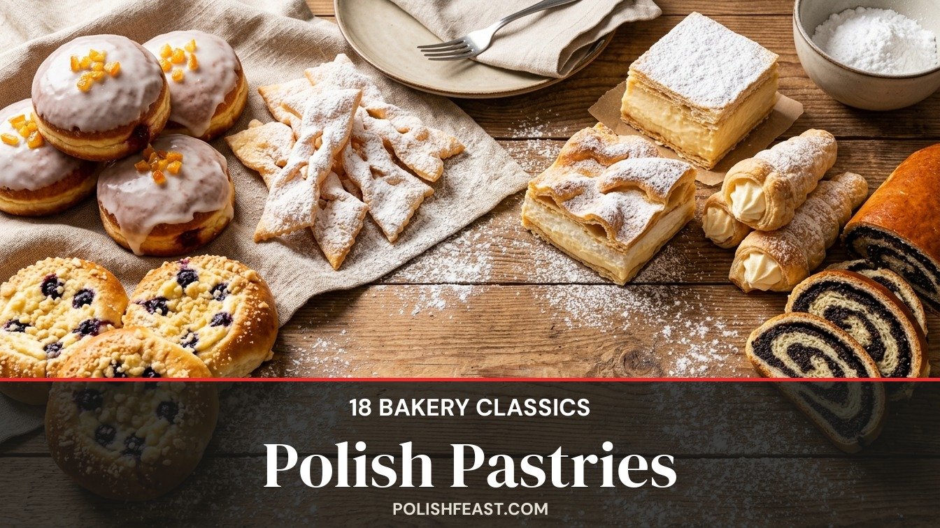 Polish pastries - paczki, faworki, jagodzianki, kremowka and makowiec on a bakery counter